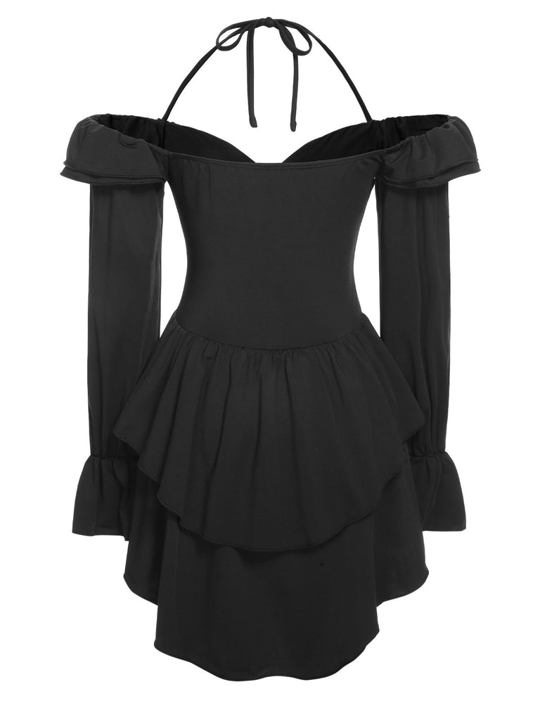 Black 1950s Solid Ruffle Off-Shoulder Romper, vintage romper, retro jumpsuit - perfect for women who love vintage and retro fashion