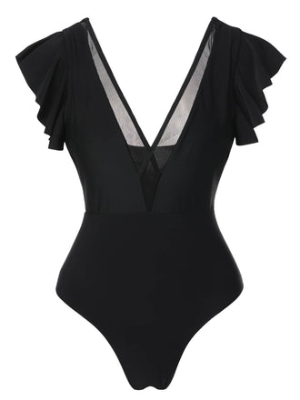 Black 1950s Solid Ruffle Sleeve One-Piece Swimsuit, vintage swimsuit, pin-up swimwear - perfect for women who love vintage and retro fashion