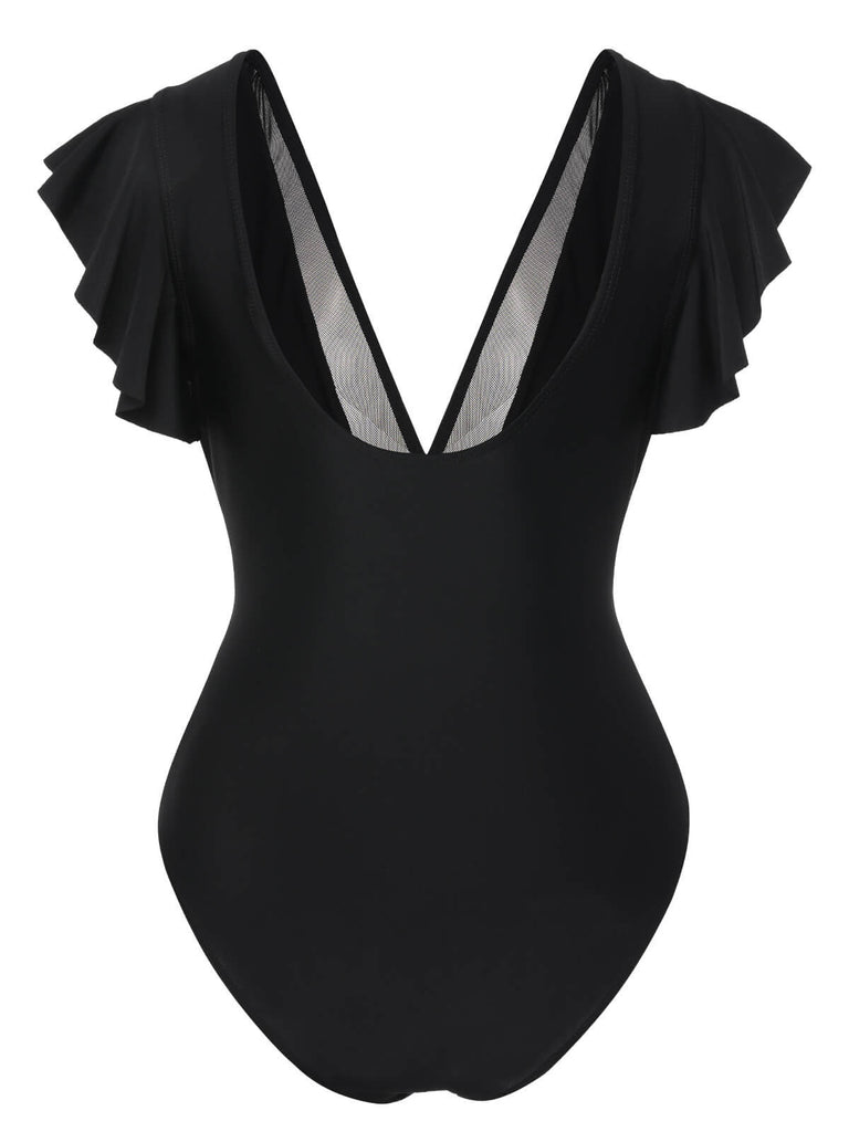 Black 1950s Solid Ruffle Sleeve One-Piece Swimsuit, vintage swimsuit, pin-up swimwear - perfect for women who love vintage and retro fashion