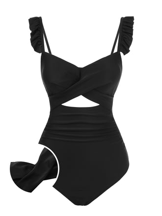 She's wearing Black 1950s Solid Ruffled Strap Swimsuit and the whole beach remembers the 1950s
