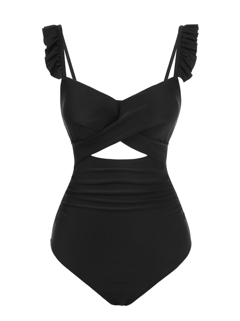 Black 1950s Solid Ruffled Strap Swimsuit, vintage swimsuit, pin-up swimwear - perfect for women who love vintage and retro fashion