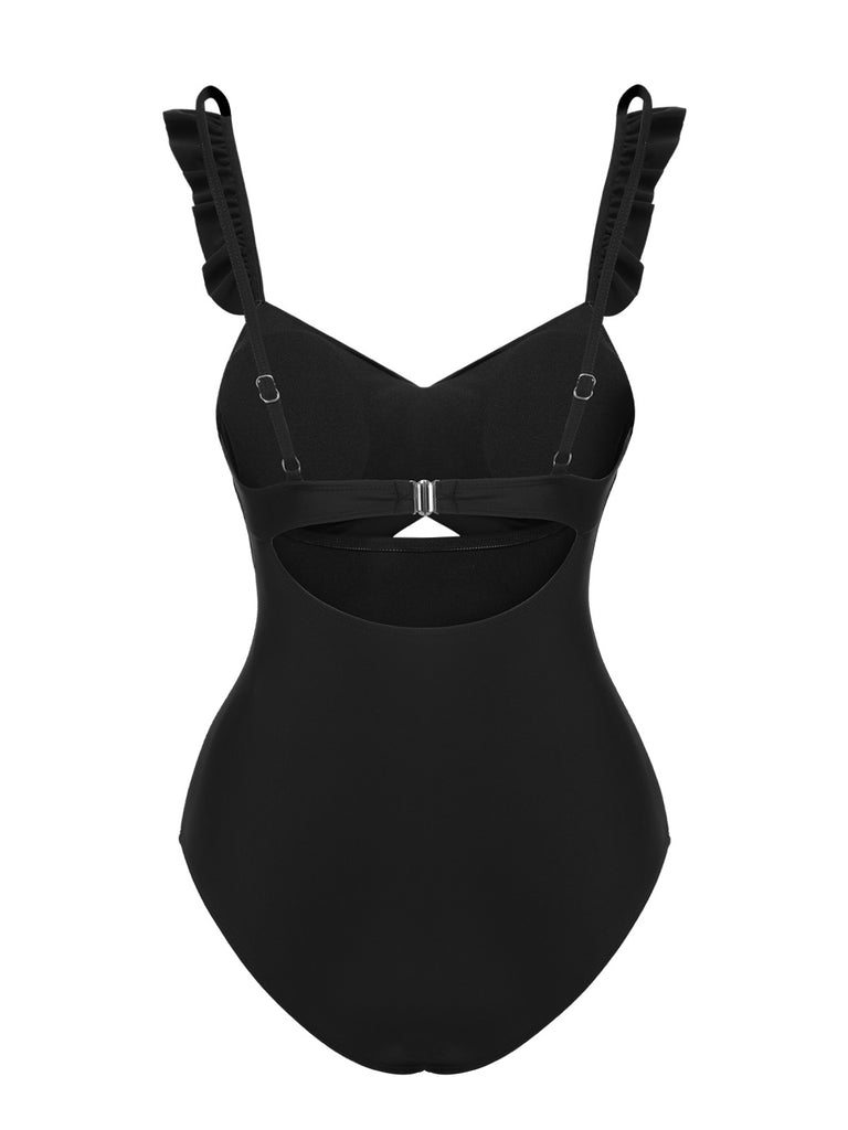 Black 1950s Solid Ruffled Strap Swimsuit, vintage swimsuit, pin-up swimwear - perfect for women who love vintage and retro fashion
