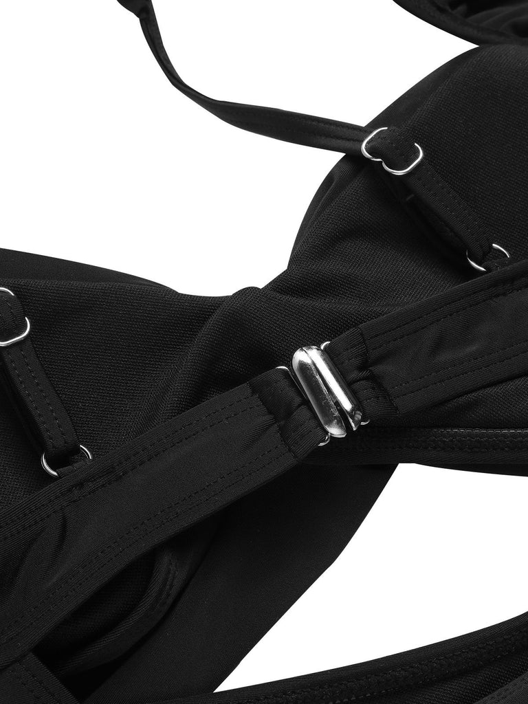 Black 1950s Solid Ruffled Strap Swimsuit, vintage swimsuit, pin-up swimwear - perfect for women who love vintage and retro fashion