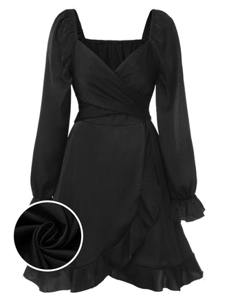 She slips into this Black 1950s Solid Ruffles V-Neck Dress and suddenly it's a 1950s daydream