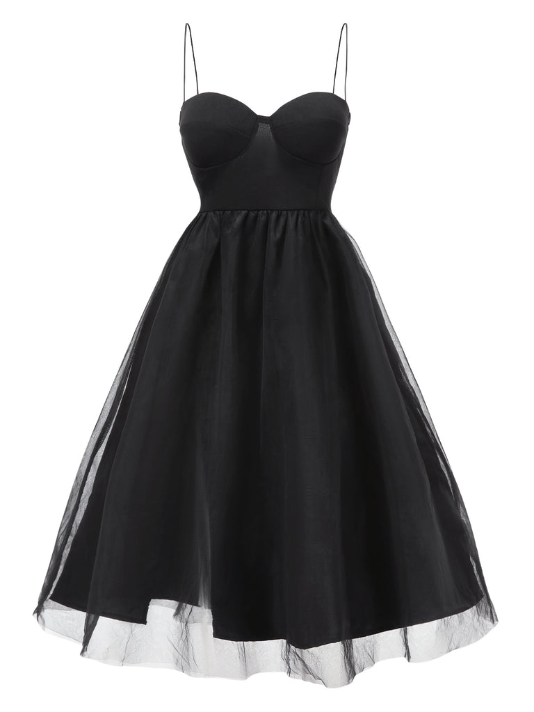 Black 1950s Solid Spaghetti Strap Mesh Dress