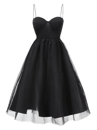 Black 1950s Solid Spaghetti Strap Mesh Dress