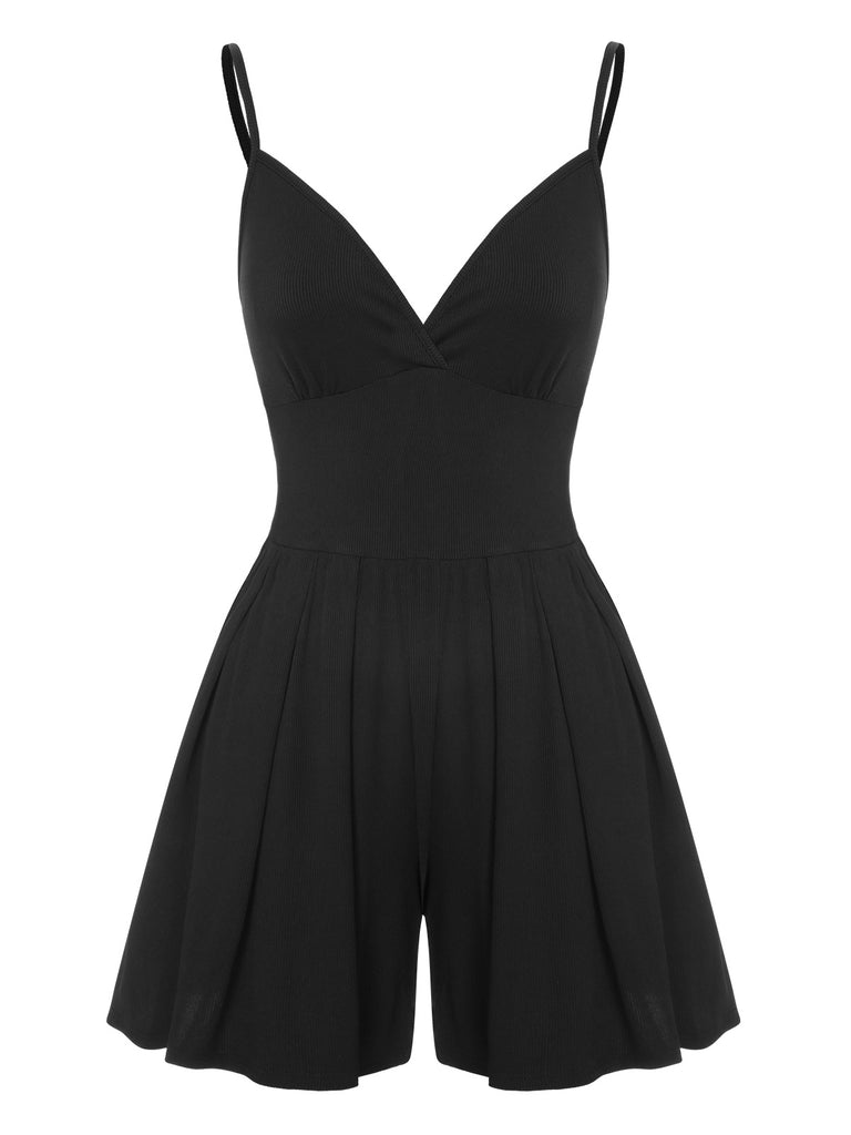She finds her 1950s story in this Black 1950s Solid V-Neck Spaghetti Straps Romper