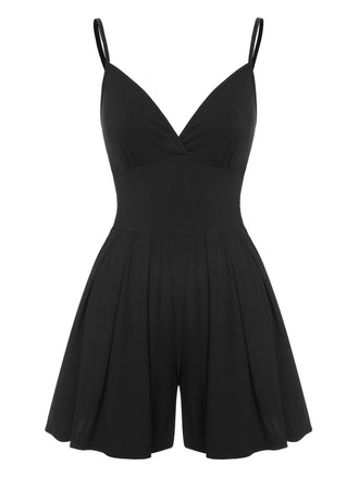 She finds her 1950s story in this Black 1950s Solid V-Neck Spaghetti Straps Romper