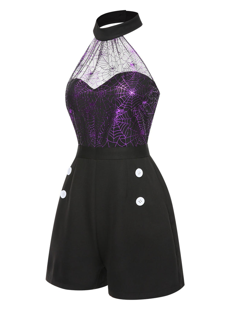 Black 1950s Spiderweb Laser Mesh Halter Romper, vintage romper, retro jumpsuit - perfect for women who love vintage and retro fashion