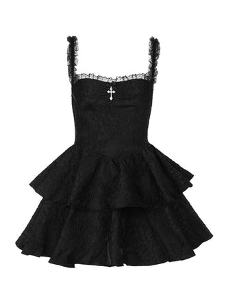 She slips into this Black 1950s Square Neck Lace Print Cross Bubble Dress and suddenly it's a 1950s daydream