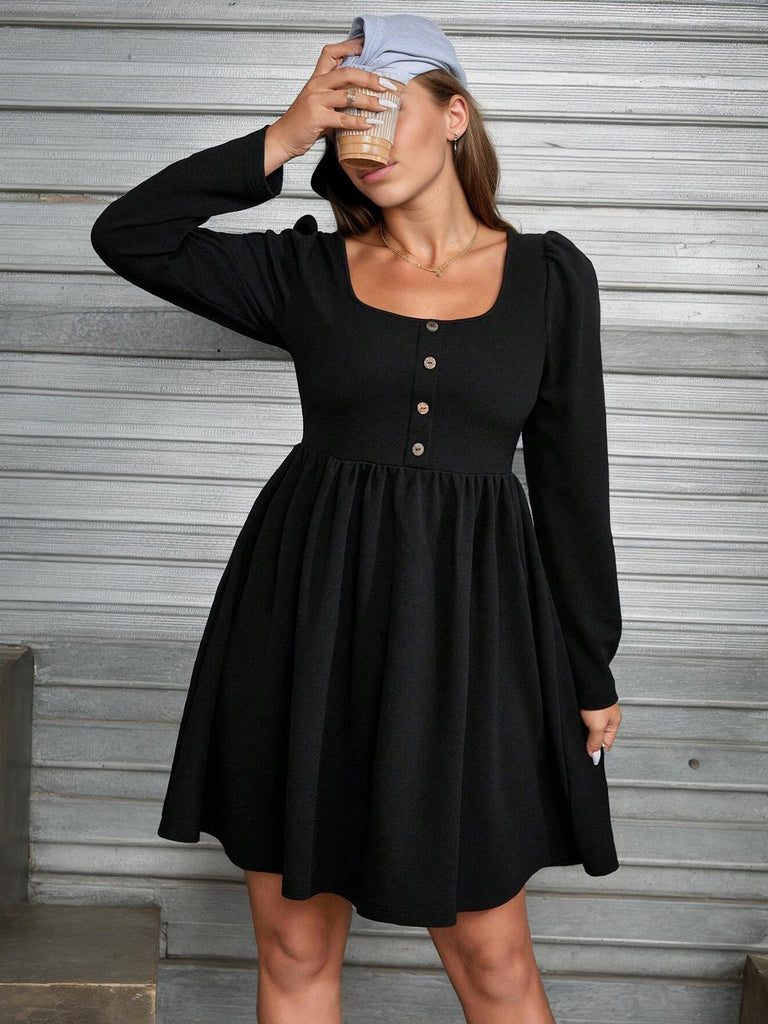 Black 1950s Square Neck Solid Dress: where 1950s romance meets her modern spirit