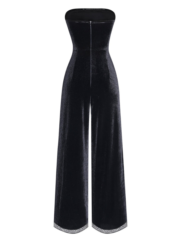 Black strapless jumpsuit with wide-leg pants on a white background