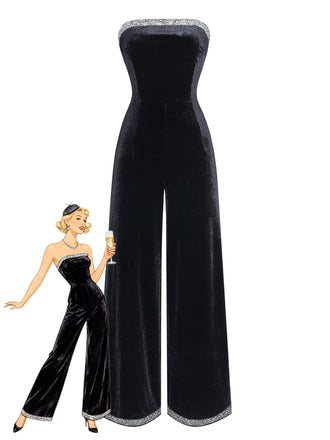 Black strapless jumpsuit with silver trim on a white background