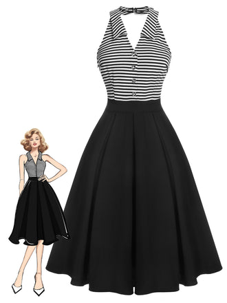 Black 1950s Stripe Lapel Halter Patchwork Dress, vintage dress, retro fashion, rockabilly, pin-up fashion - perfect for women who love vintage and retro fashion