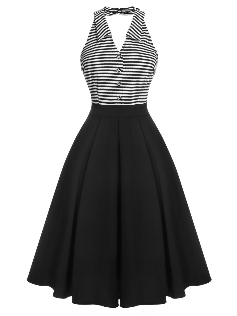 Retro Stage 1950s Stripe Lapel Halter Patchwork Dress Black Retro Stage 1950s Stripe Lapel Halter Patchwork Dress Black