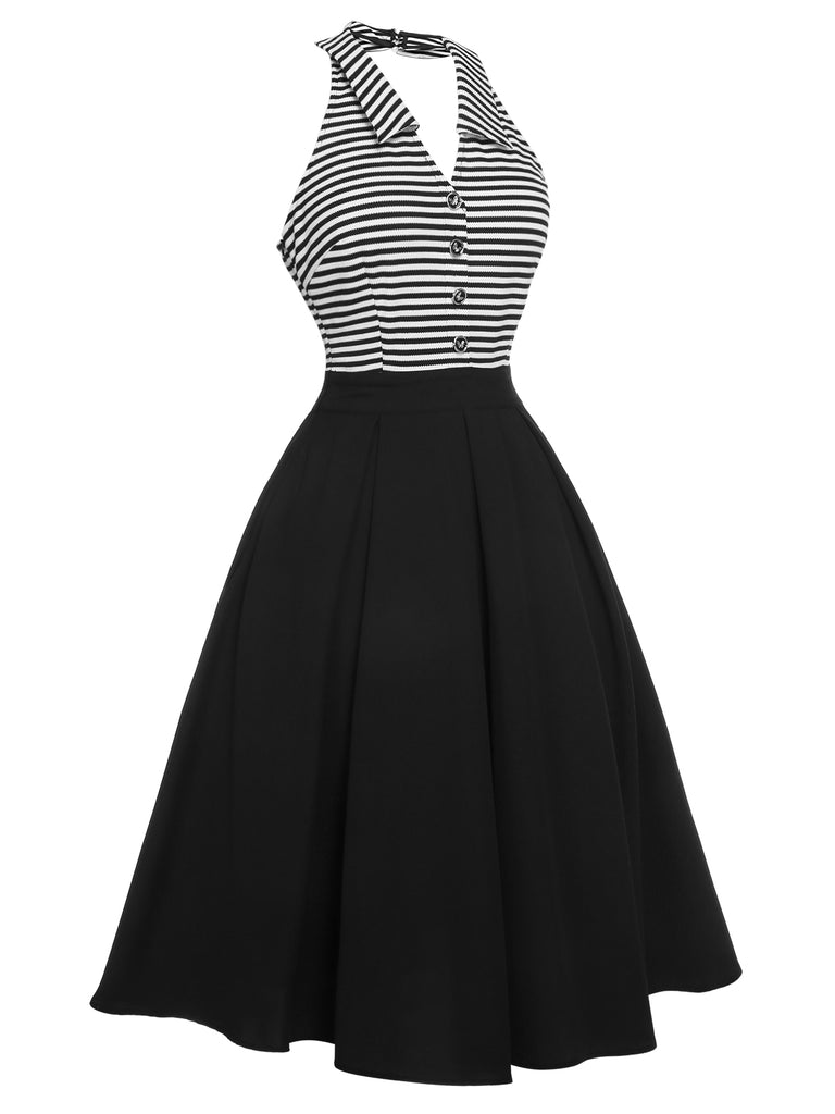 Black 1950s Stripe Lapel Halter Patchwork Dress, vintage dress, retro fashion, rockabilly, pin-up fashion - perfect for women who love vintage and retro fashion