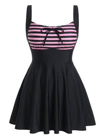 Black 1950s Striped Color Block One Piece Swimsuit - vintage swimsuit, pin-up style, classic black