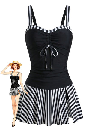 Black 1950s Striped Colorblock Ruched Tankini Set - vintage fashion, retro style, classic black