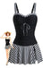 Black 1950s Striped Colorblock Ruched Tankini Set - vintage fashion, retro style, classic black