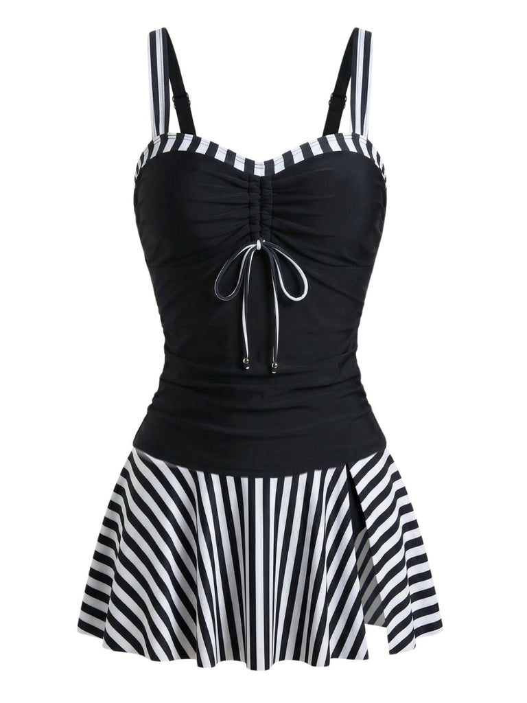 Black 1950s Striped Colorblock Ruched Tankini Set - vintage fashion, retro style, classic black