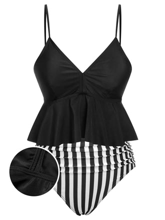 She's wearing Black 1950s Striped Printed Separate Swimsuit and the whole beach remembers the 1950s