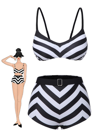 She's wearing Black 1950s Striped Spaghetti Strap Swimsuit and the whole beach remembers the 1950s