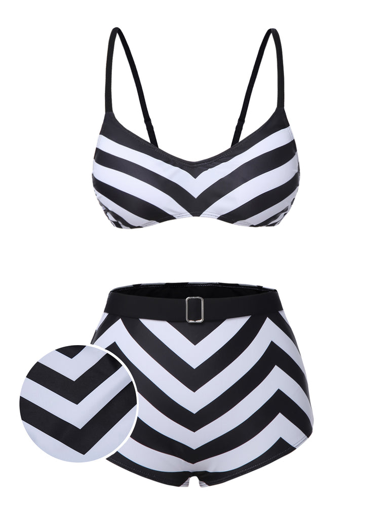 Black 1950s Striped Spaghetti Strap Swimsuit: 1950s Riviera elegance, reimagined for her
