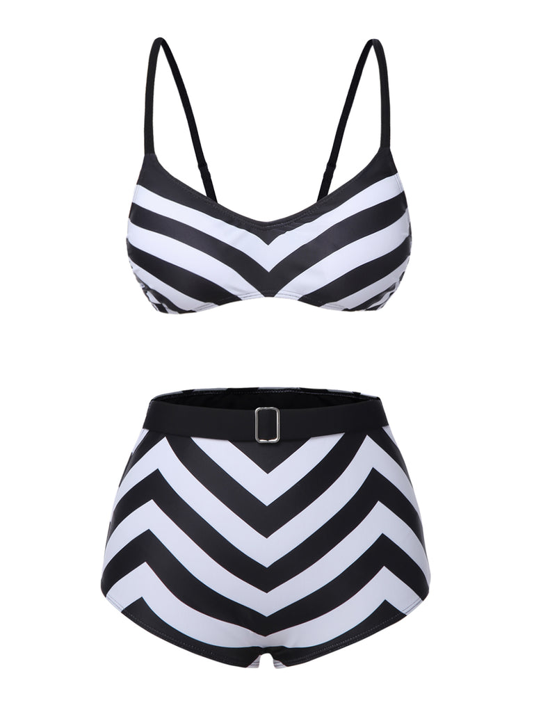 This Black 1950s Striped Spaghetti Strap Swimsuit carries 1950s vacation dreams in every stitch