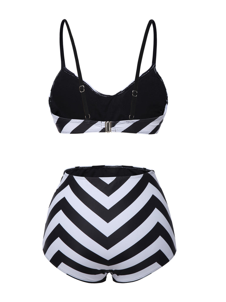 Black 1950s Striped Spaghetti Strap Swimsuit — 1950s poolside glamour meets sun-drenched confidence