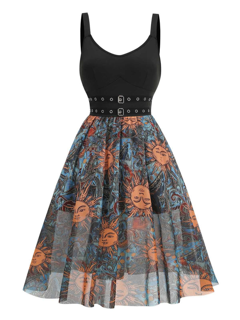 Halloween Gothic Celestial Sun Print Belted A-Line Dress Halloween Gothic Celestial Sun Print Belted A-Line Dress