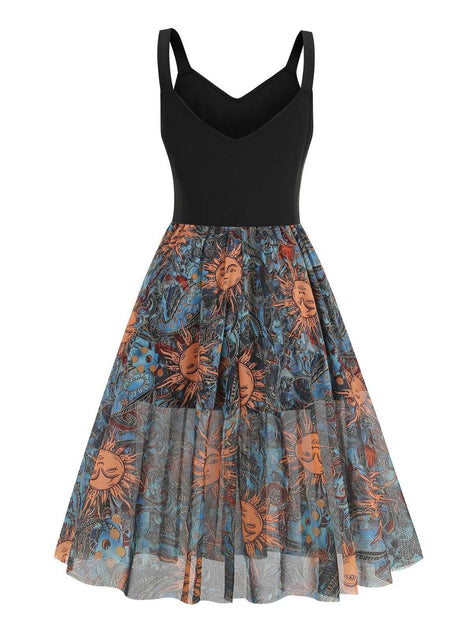 black sun dress Women's Goth Face Print Sleeveless A-line Halloween Dress Ballerina Flower Girl Dress on styling Adjustable straps 40-60 COLOR:Navy