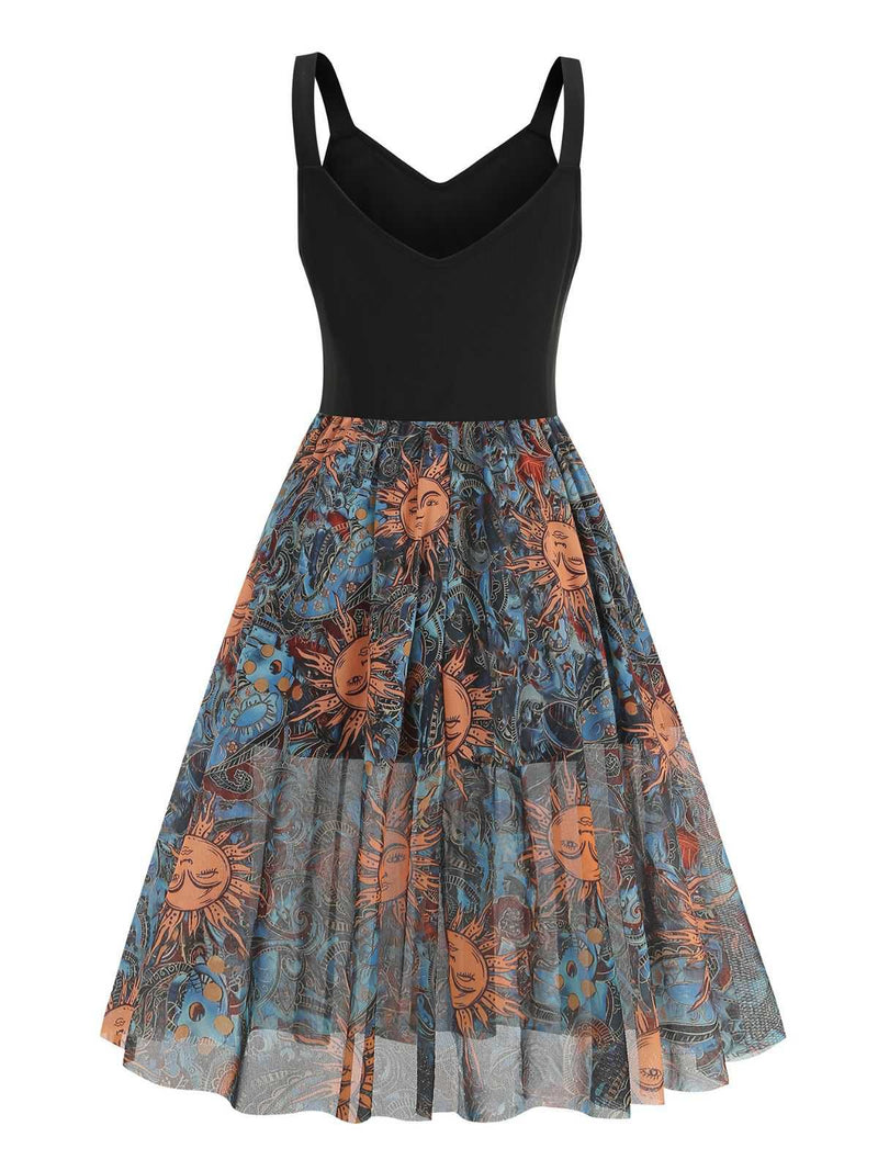 Women's Goth Sun Face Print Sleeveless A-line Dress Halloween Dress Black