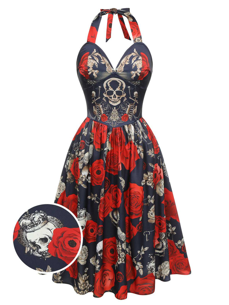 Halloween Day of The Dead Costume Sweetheart Skeleton Rose Swing Dress Black & Red