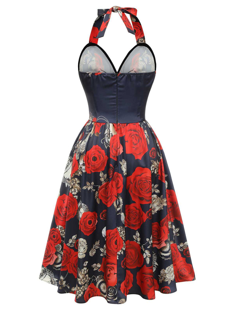 Halloween Day of The Dead Costume Sweetheart Skeleton Rose Swing Dress Black & Red