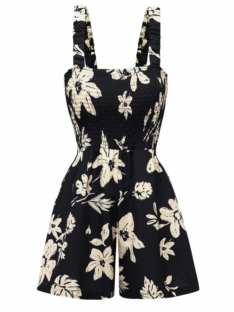 Black 1950s Tropical Botanical Print Square Neck Romper: beautiful vintage romper, retro jumpsuit, playful style with timeless appeal