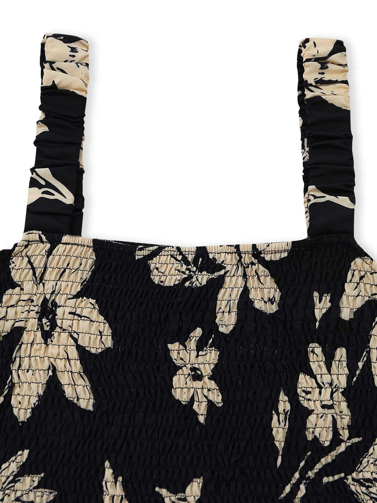 Black 1950s Tropical Botanical Print Square Neck Romper - vintage romper, retro jumpsuit, playful style for vintage lovers