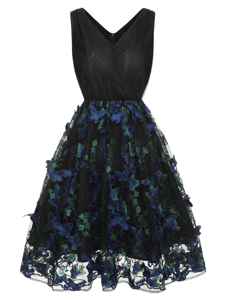 Retro Stage Black 1950s V-Neck 3D Butterfly Mesh Dress