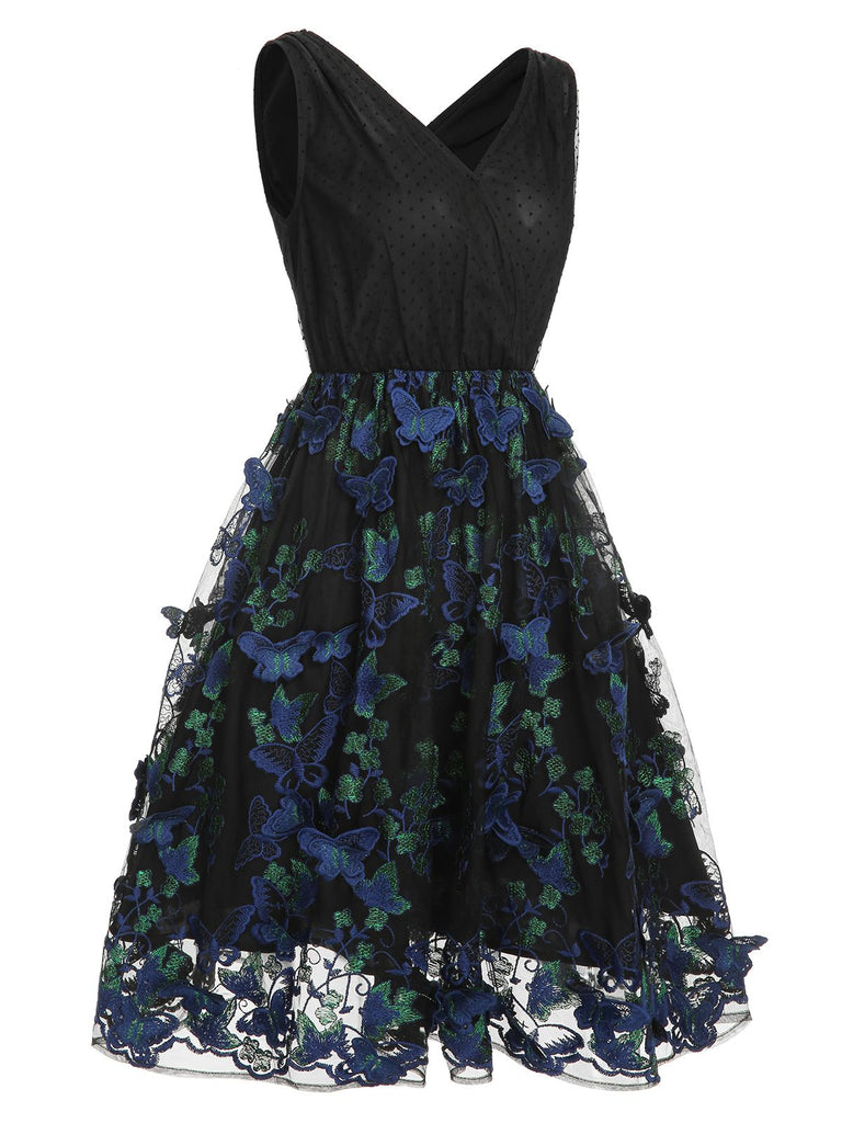 Retro Stage Black 1950s V-Neck 3D Butterfly Mesh Dress