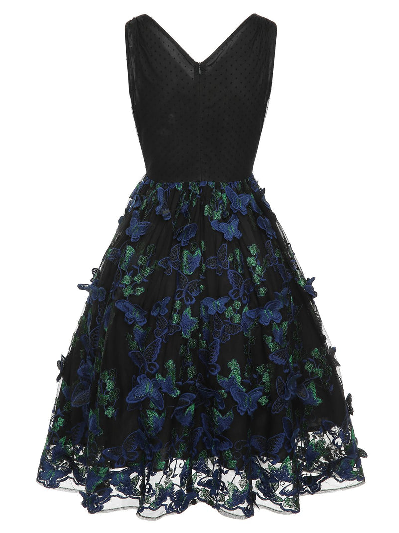 Black 1950s V-Neck 3D Butterfly Mesh Dress