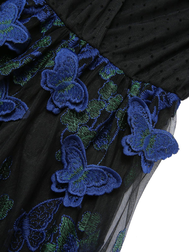 Black 1950s V-Neck 3D Butterfly Mesh Dress | Retro Stage