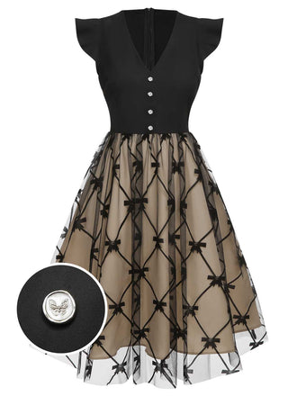 She slips into this Black 1950s V-Neck Bow Mesh Dress and suddenly it's a 1950s daydream
