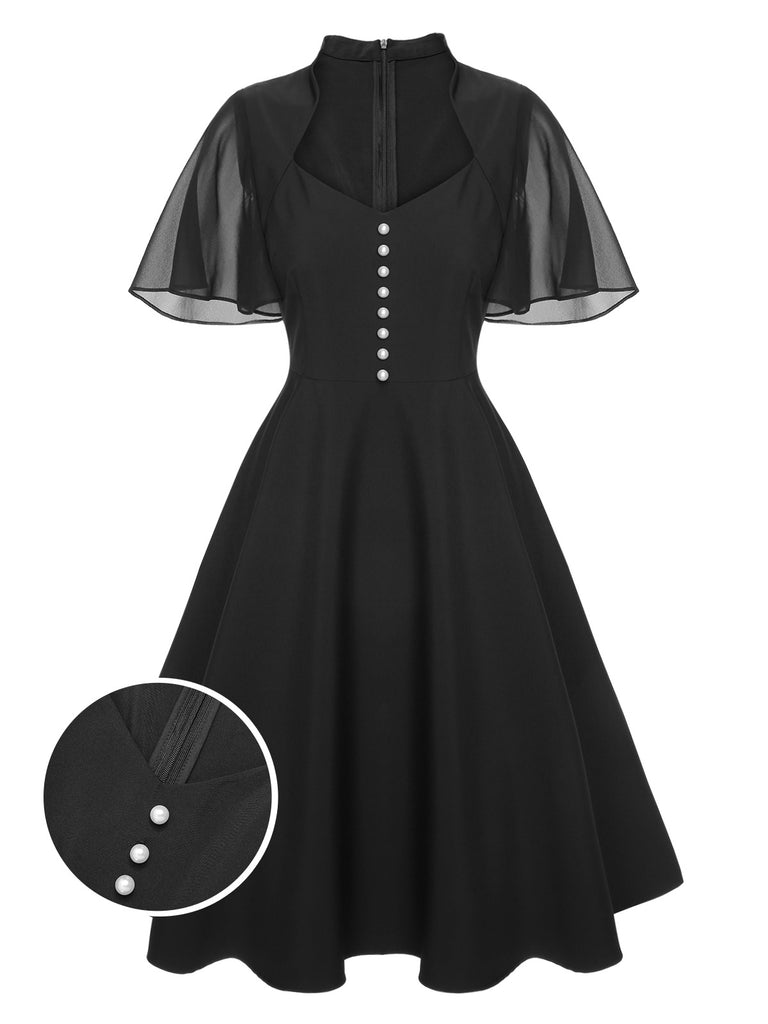 Black 1950s V-Neck Pearl Buttons Dress, vintage dress, retro fashion, rockabilly, pin-up fashion - perfect for women who love vintage and retro fashion