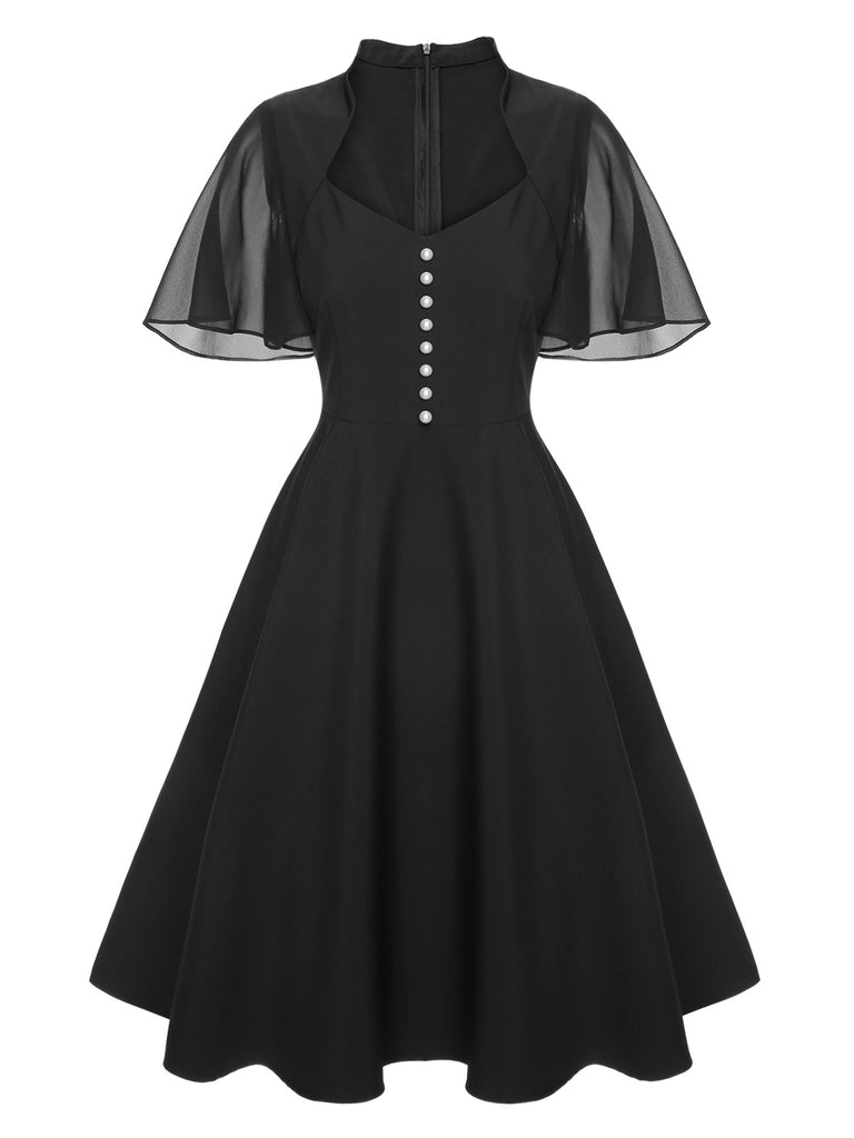 Black 1950s V-Neck Pearl Buttons Dress, vintage dress, retro fashion, rockabilly, pin-up fashion - perfect for women who love vintage and retro fashion