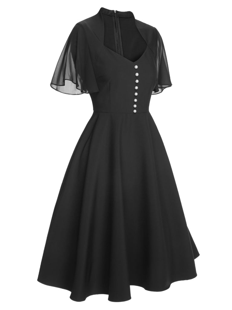 Black 1950s V-Neck Pearl Buttons Dress, vintage dress, retro fashion, rockabilly, pin-up fashion - perfect for women who love vintage and retro fashion