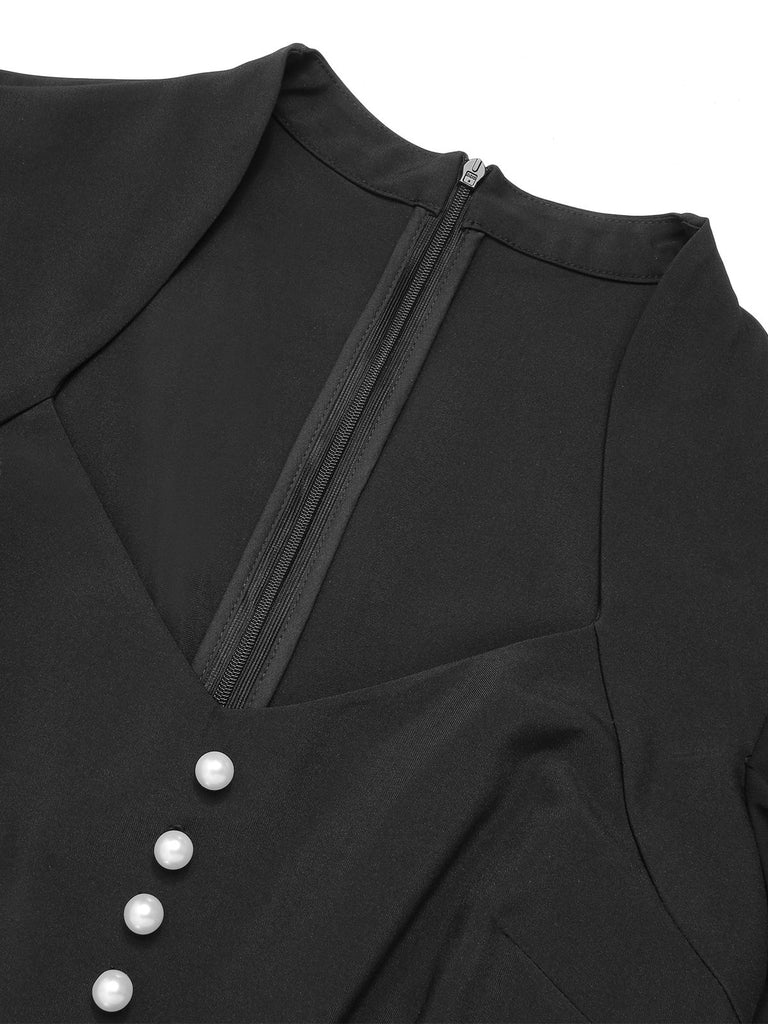 Black 1950s V-Neck Pearl Buttons Dress, vintage dress, retro fashion, rockabilly, pin-up fashion - perfect for women who love vintage and retro fashion