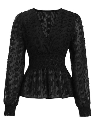 Black 1950s V-Neck Smocked Translucent Top - vintage fashion, retro style, classic black