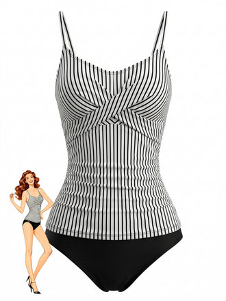 Black 1950s V-Neck Spaghetti Strap Striped Tankini