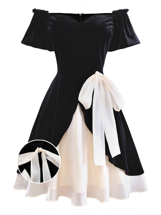 Black 1950s Velvet Satin Off-Shoulder Bow Dress - vintage dress, retro fashion, rockabilly