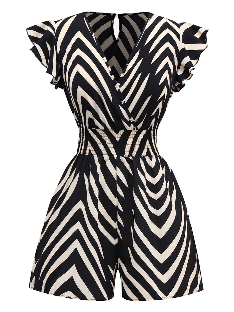Black 1950s Zebra Striped Ruffled Waist Romper - vintage jumpsuit, retro fashion, classic black