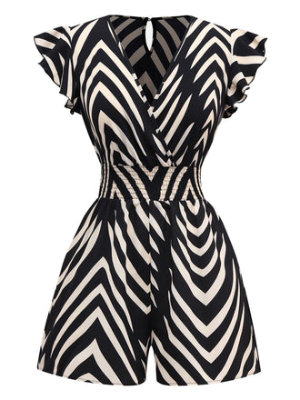 Black 1950s Zebra Striped Ruffled Waist Romper - vintage jumpsuit, retro fashion, classic black